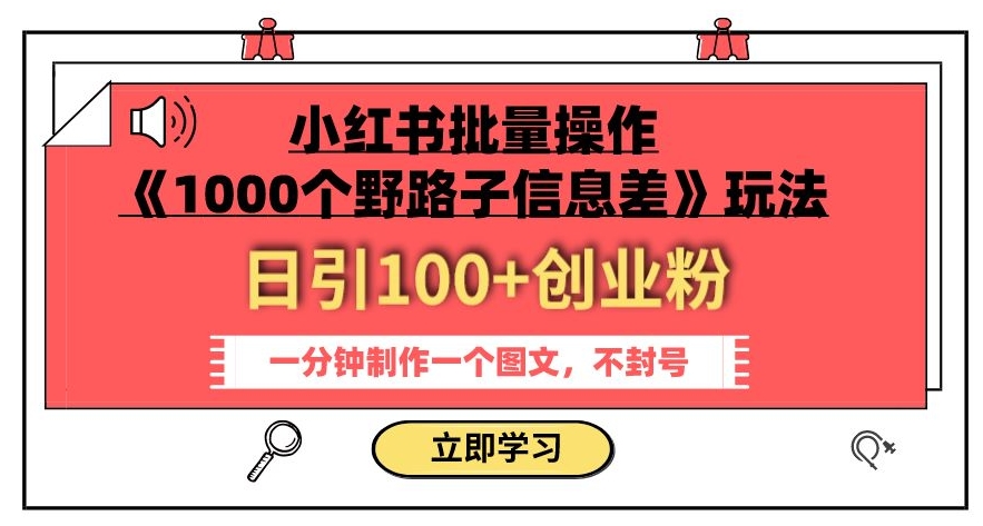 小红书批量操作《1000个野路子信息差》玩法，一分钟制作一个图文，不封号，日引100+创业粉-ANQUYE-HENHENLU-26UUU[首页]
