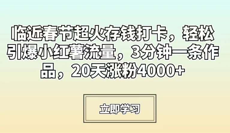 临近春节超火存钱打卡，轻松引爆小红薯流量，3分钟一条作品，20天涨粉4000+【揭秘】-ANQUYE-HENHENLU-26UUU[首页]