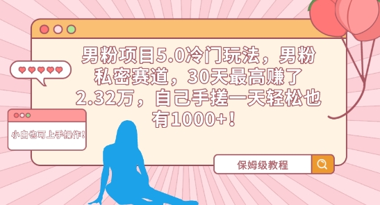 男粉项目5.0冷门玩法，男粉私密赛道，30天最高赚了2.32万，自己手搓一天轻松也有1000+【揭秘】-ANQUYE-HENHENLU-26UUU[首页]