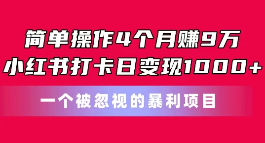 简单操作4个月赚9w，小红书打卡日变现1k，一个被忽视的暴力项目【揭秘】-ANQUYE-HENHENLU-26UUU[首页]