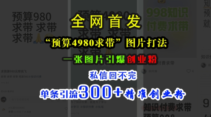 小红书“预算4980带我飞”图片打法，一张图片引爆创业粉，私信回不完，单条引流300+精准创业粉-ANQUYE-HENHENLU-26UUU[首页]