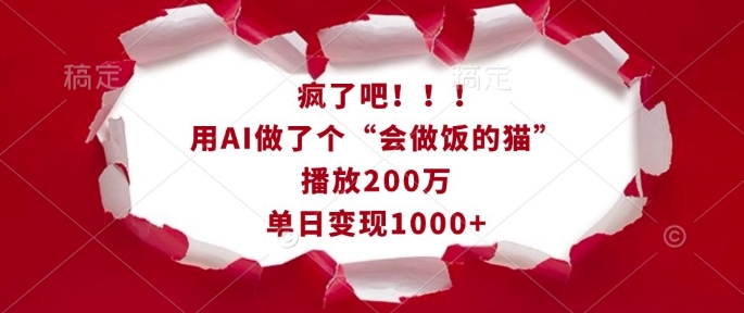疯了吧！用AI做了个“会做饭的猫”，播放200万，单日变现1k-ANQUYE-HENHENLU-26UUU[首页]