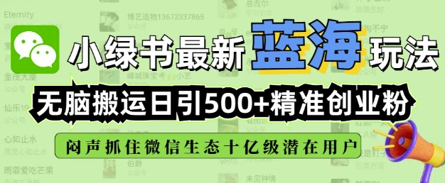 小绿书无脑搬运引流，全自动日引500精准创业粉，微信生态内又一个闷声发财的机会-ANQUYE-HENHENLU-26UUU[首页]