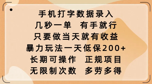 手机打字数据录入，几秒一单，有手就行，只要做当天就有收益，暴力玩法一天低保2张-ANQUYE-HENHENLU-26UUU[首页]